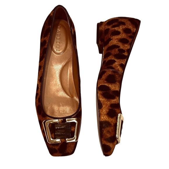 Talbots Women’s Sz 6.5 Brown Leopard Square Toe Flats Shoes Calf Hair Buckle - Picture 4 of 11